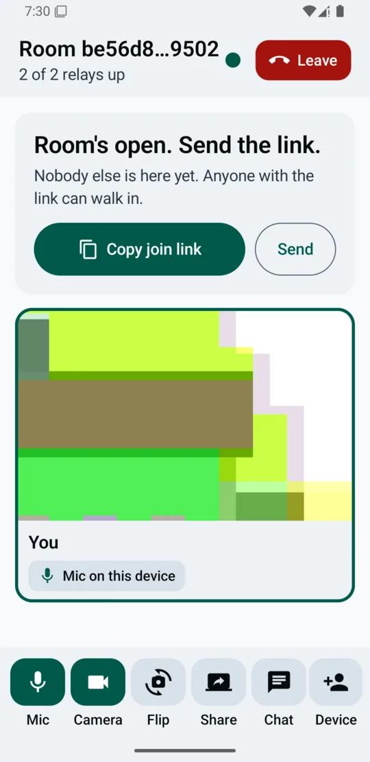 A room on Android showing one tile of live camera video, labelled You, with a badge reading Mic on this device.