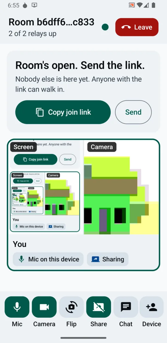 One tile group labelled You, holding a Screen track and a Camera track side by side, with Mic on this device and Sharing badges.