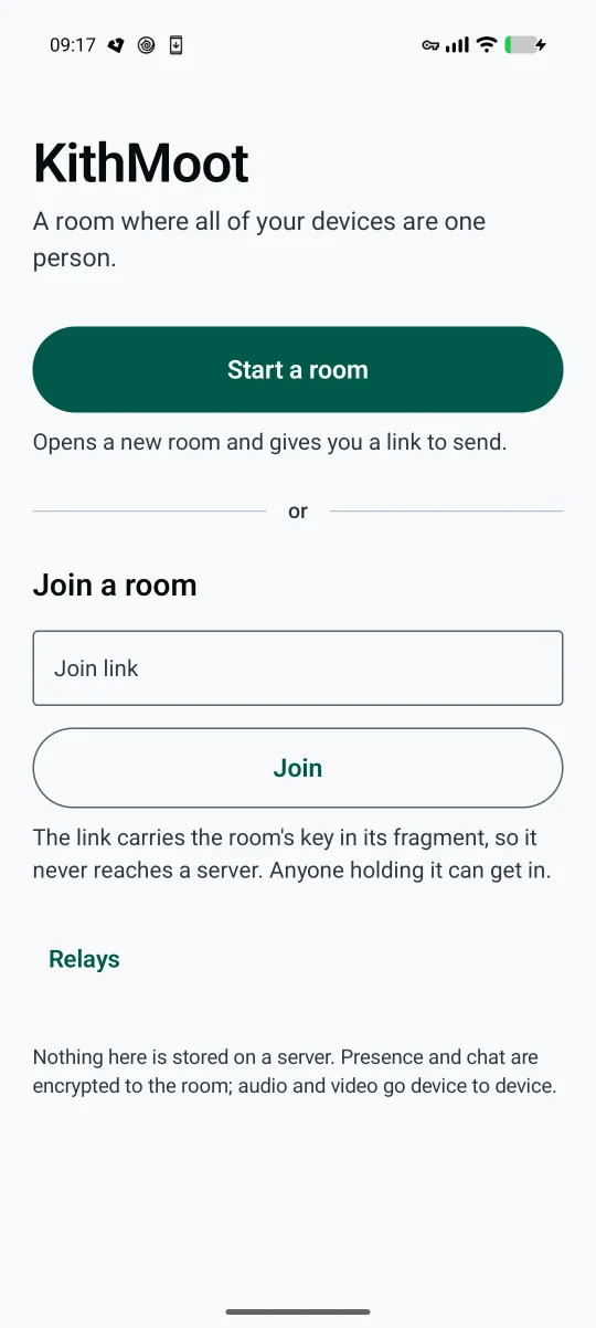 The KithMoot start screen: a Start a room button, and a field for pasting a join link.