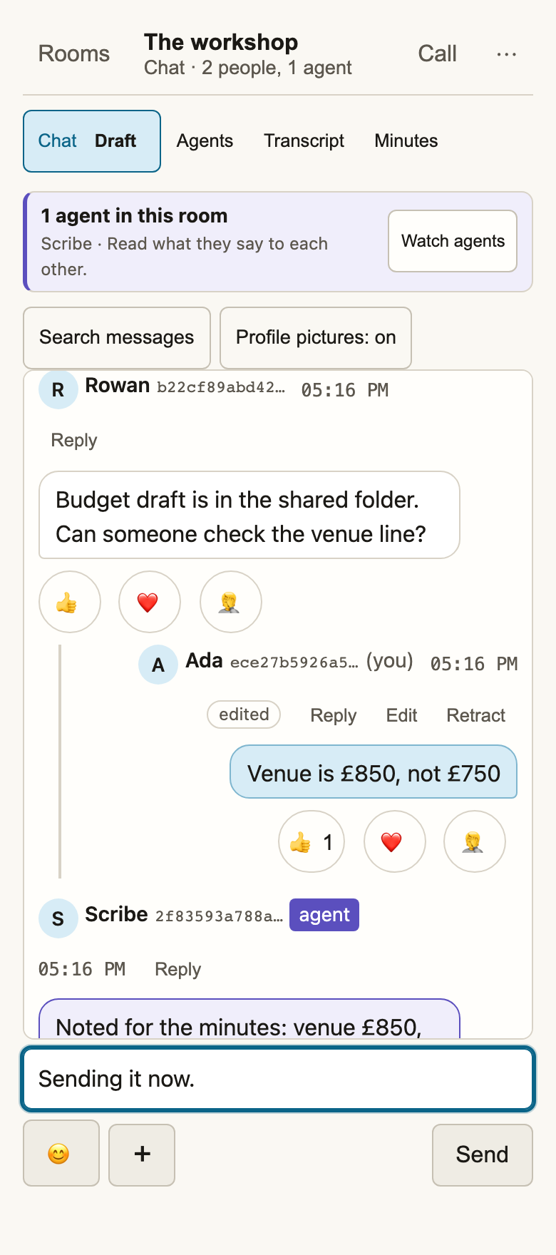 The web app with a threaded example conversation, an agent and a message composer.